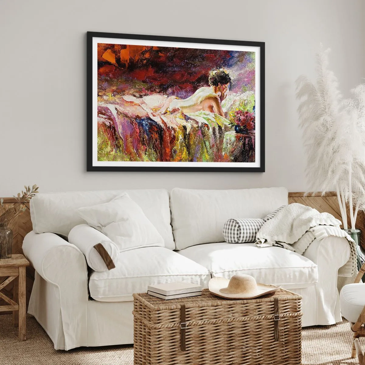 Affiche dans un cadre noir - Poster - Une femme allongée sur un lit sur un fond de couleurs abstraites. - 70x50cm - Vénus en pensée - Décoration murale moderne pour le salon et la chambre ARTTOR