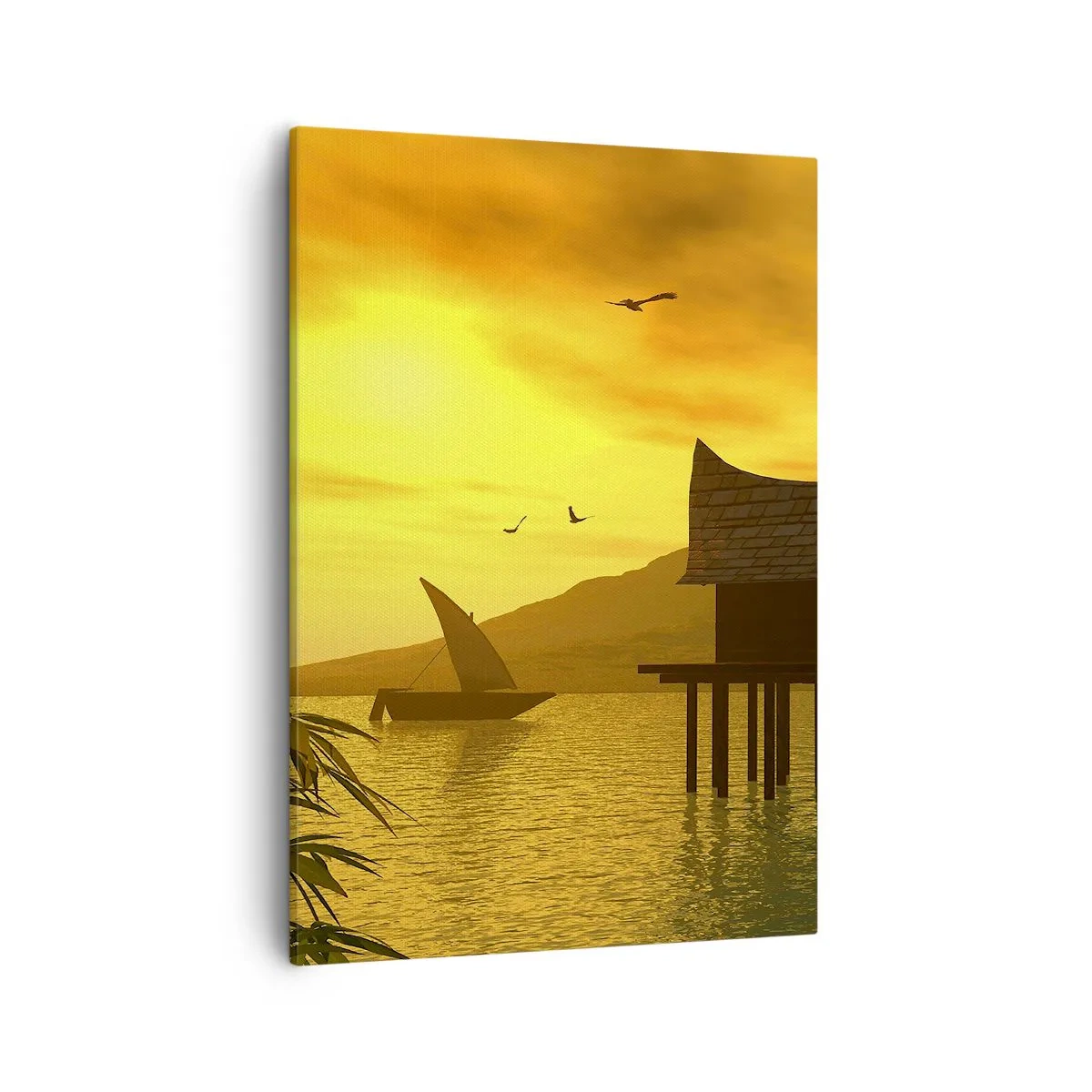 Impression sur toile - Image sur toile - Coucher de soleil tropical sur l'eau avec une maison en bois sur pilotis. - 50x70cm - La paix tant désirée - Décoration murale moderne pour le salon et la chambre ARTTOR