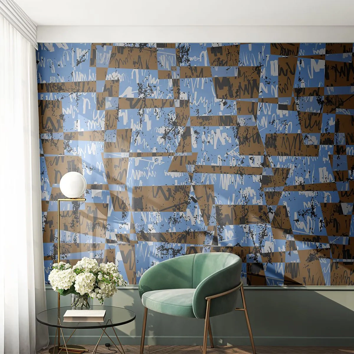 Papier Peint Photo Standard Eco - Abstraction géométrique dans les tons de bleu et de marron - 100x70cm - Une découpe non humaine - Décoration murale moderne pour le salon et la chambre ARTTOR