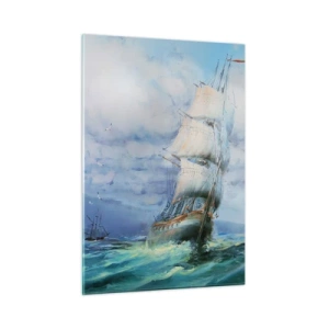 Impression sur verre - Image sur verre - Un navire avec des voiles naviguant sur une mer agitée sous un ciel nuageux - 50x70cm - Vents favorables - Décoration murale moderne pour le salon et la chambre ARTTOR