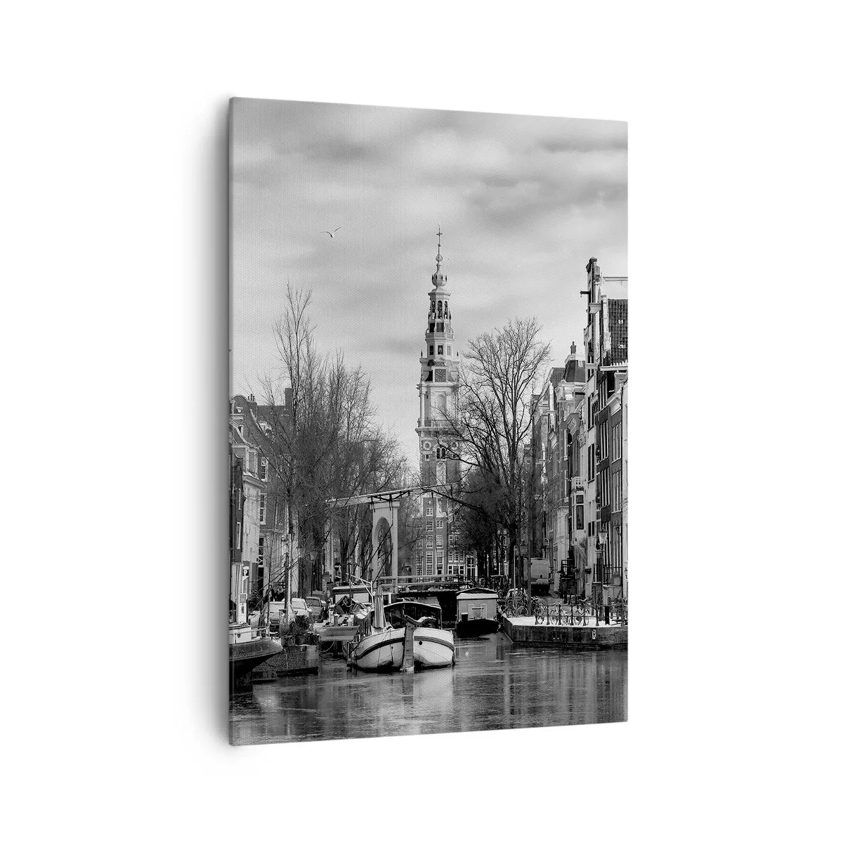 Impression sur toile - Image sur toile - Panorama noir et blanc d'Amsterdam avec canal et bâtiments historiques - 70x100cm - Climat d'Amsterdam - Décoration murale moderne pour le salon et la chambre ARTTOR