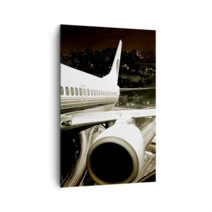 Impression sur toile - Image sur toile - Un avion au-dessus d'une ville nocturne avec des autoroutes illuminées - 80x120cm - Vole dans la nuit - Décoration murale moderne pour le salon et la chambre ARTTOR