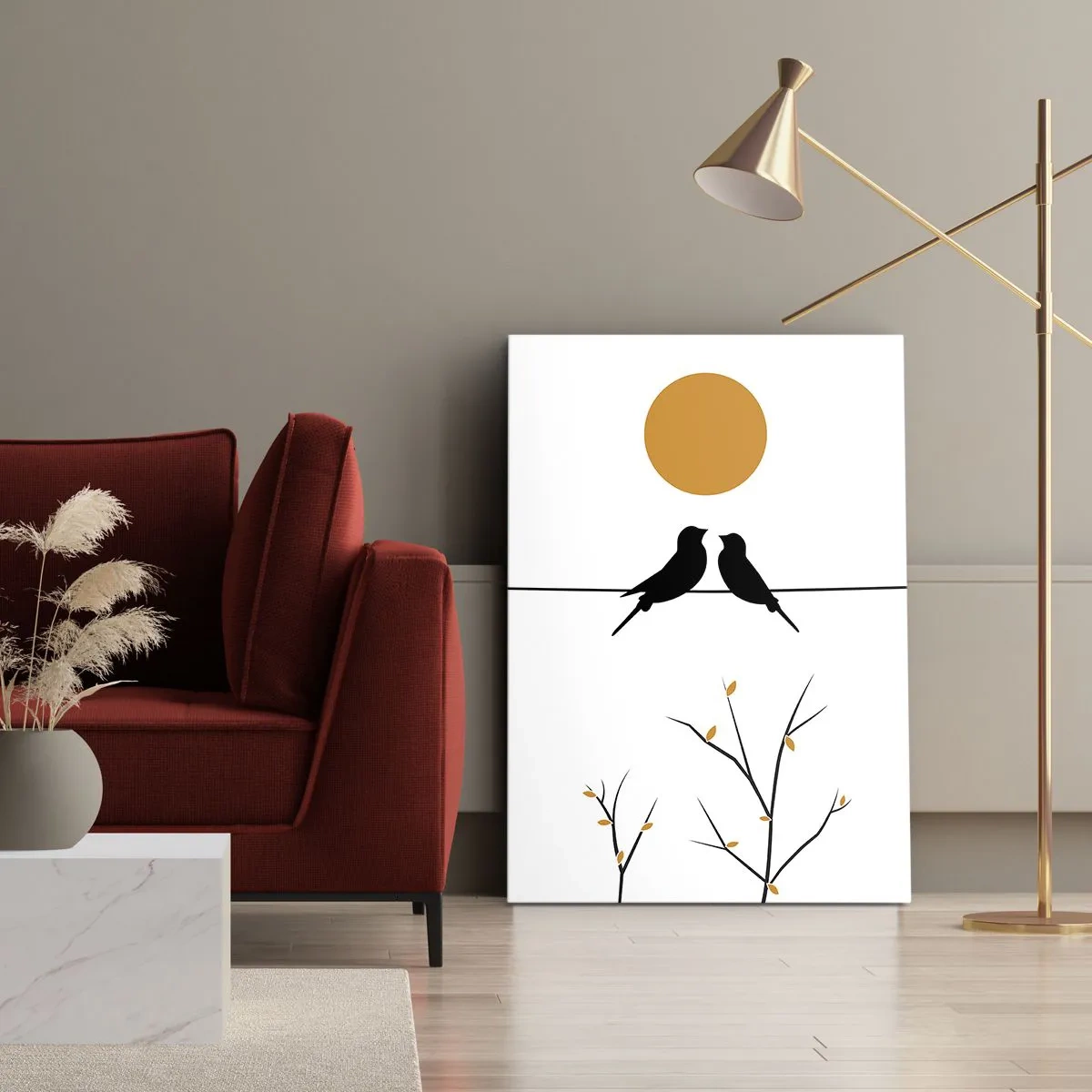 Impression sur toile - Image sur toile - Oiseaux sur une ligne avec un soleil jaune - 70x100cm - Soirée pour rossignols - Décoration murale moderne pour le salon et la chambre ARTTOR