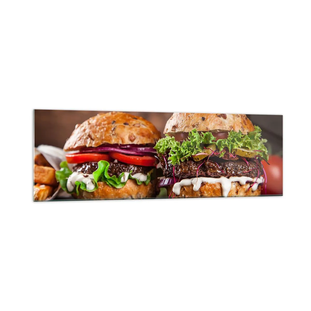 Impression sur verre - Image sur verre - Burgers appétissants avec légumes et sauce - 160x50cm - American dream - Décoration murale moderne pour le salon et la chambre ARTTOR