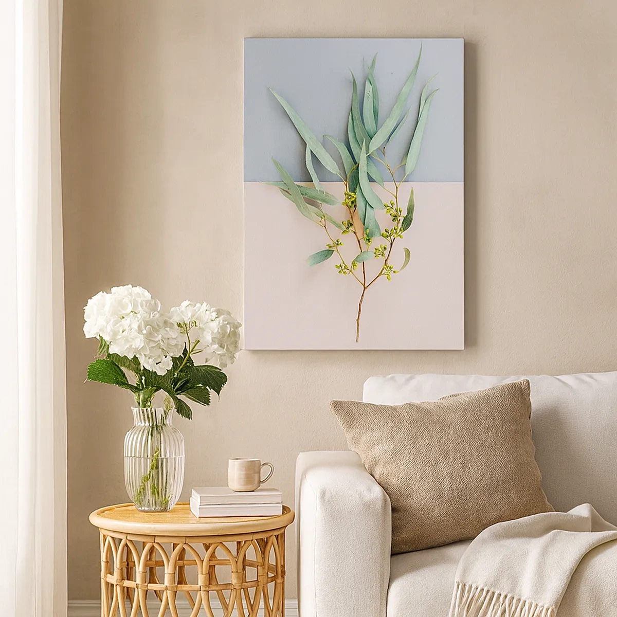 Impression sur toile - Image sur toile - Une branche avec des feuilles sur un fond de tons pastel - 50x70cm - Subtilité pastel - Décoration murale moderne pour le salon et la chambre ARTTOR