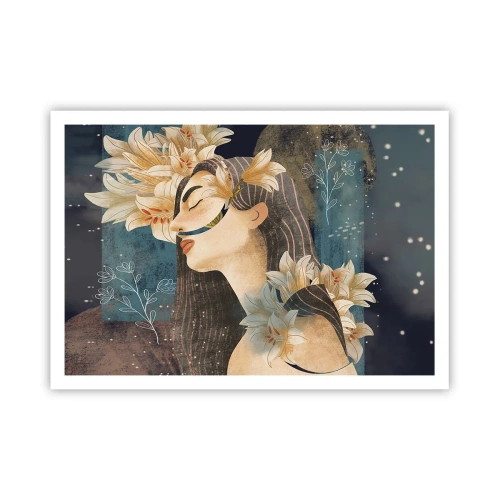 Affiche - Poster - Portrait d'une femme avec des fleurs dans un style artistique sur fond sombre - 100x70cm - Conte de fée sur la princesse lilas - Décoration murale moderne pour le salon et la chambre ARTTOR