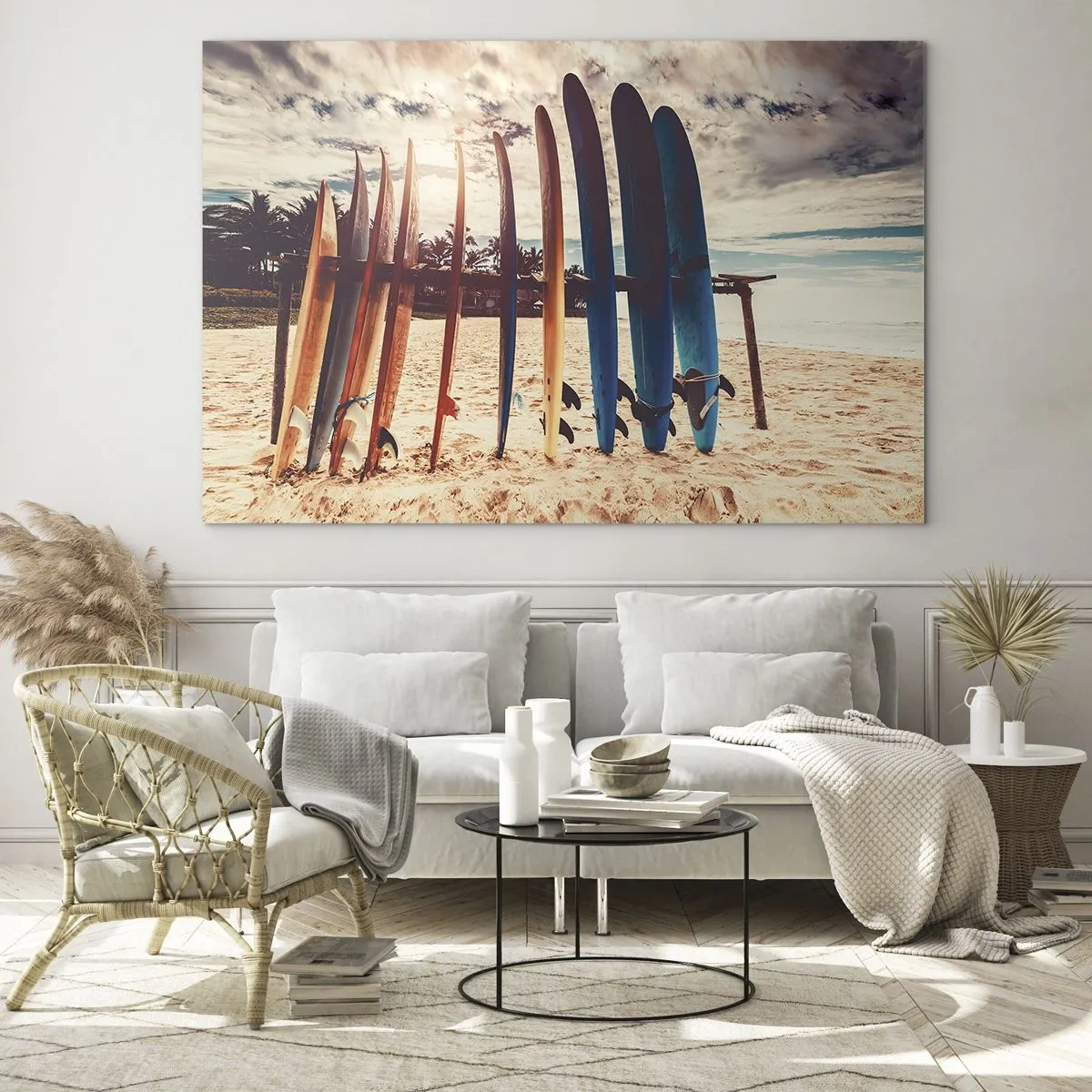 Impression sur verre - Image sur verre - Planches de surf colorées alignées sur la plage au coucher du soleil - 100x70cm - Bonne nuit, à demain - Décoration murale moderne pour le salon et la chambre ARTTOR