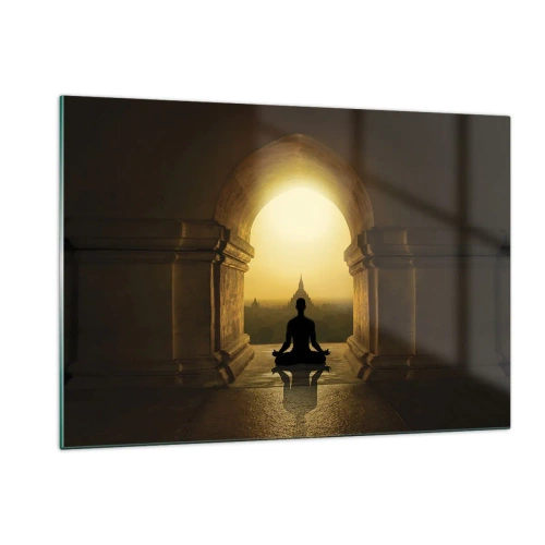 Impression sur verre - Image sur verre - Silhouette d'une personne méditant à la lumière du soleil couchant dans une arche architecturale - 120x80cm - Pleine harmonie - Décoration murale moderne pour le salon et la chambre ARTTOR