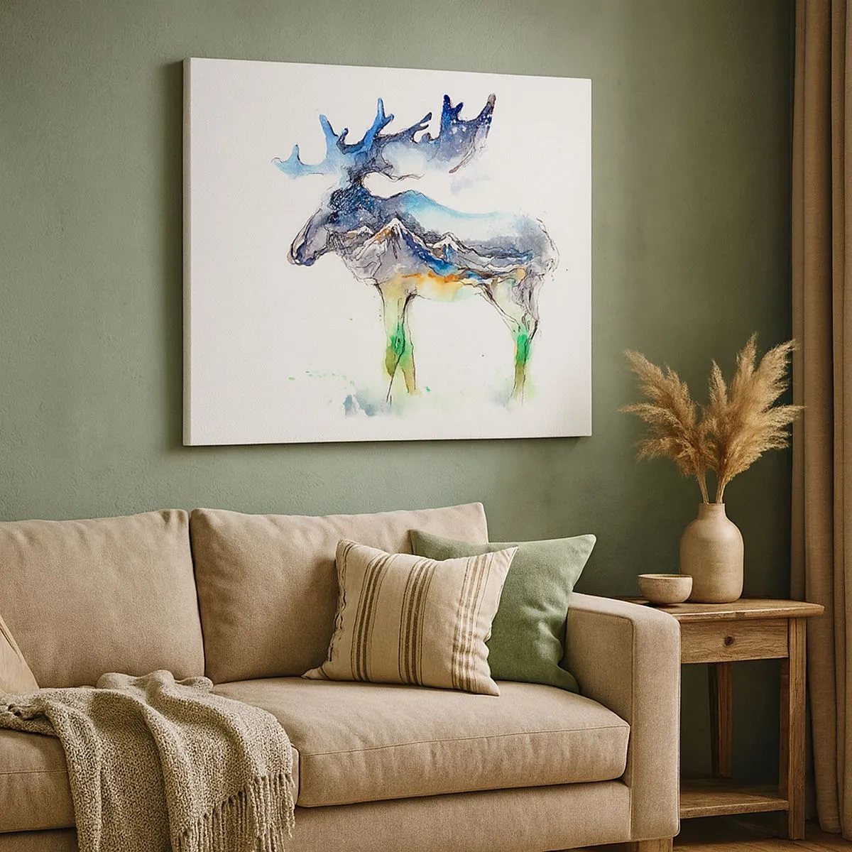 Impression sur toile - Image sur toile - Silhouette aquarelle d'un élan avec un paysage de montagne - 70x50cm - Le héros d'un conte d'hiver - Décoration murale moderne pour le salon et la chambre ARTTOR