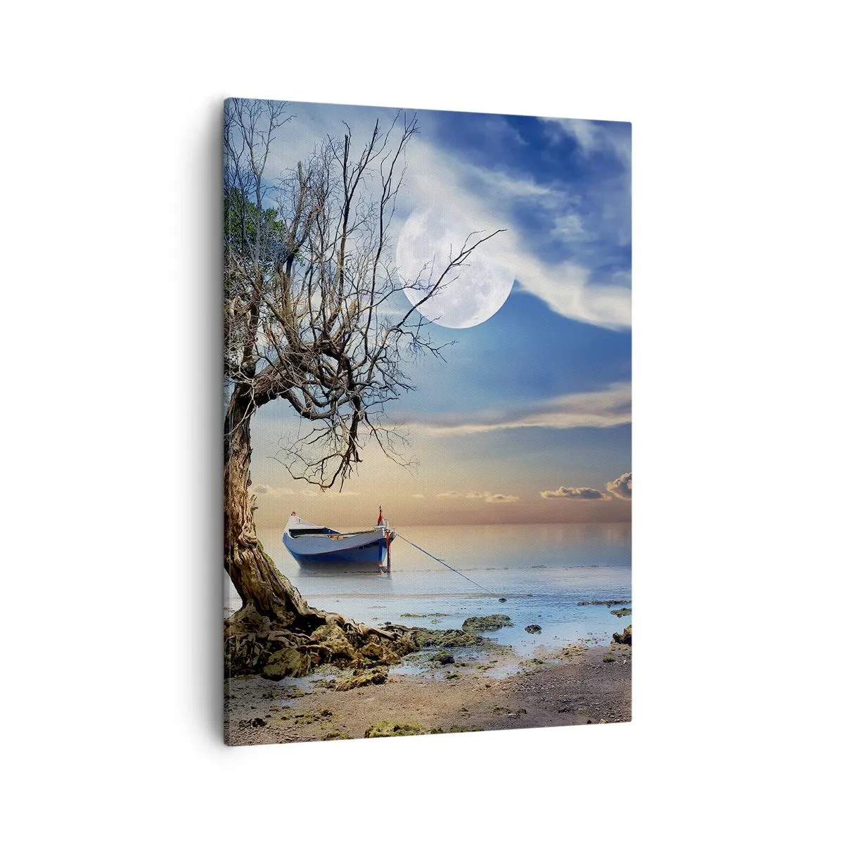 Impression sur toile - Image sur toile - Un arbre solitaire et un bateau sur une eau calme sous la pleine lune. - 50x70cm - Est-ce la fin ou le début ? - Décoration murale moderne pour le salon et la chambre ARTTOR