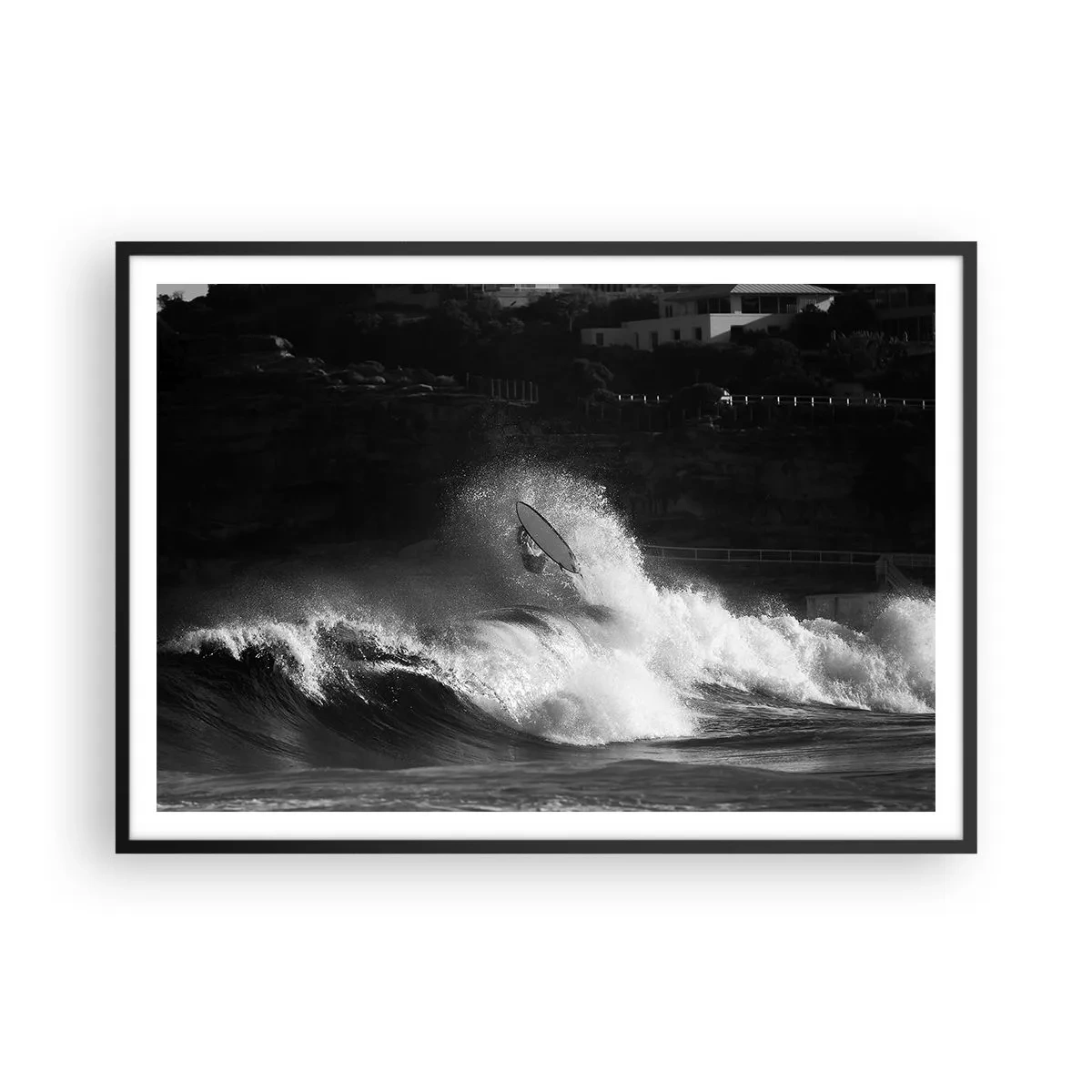Affiche dans un cadre noir - Poster - Un surfeur sur une vague en monochrome - 100x70cm - Défi accepté! - Décoration murale moderne pour le salon et la chambre ARTTOR