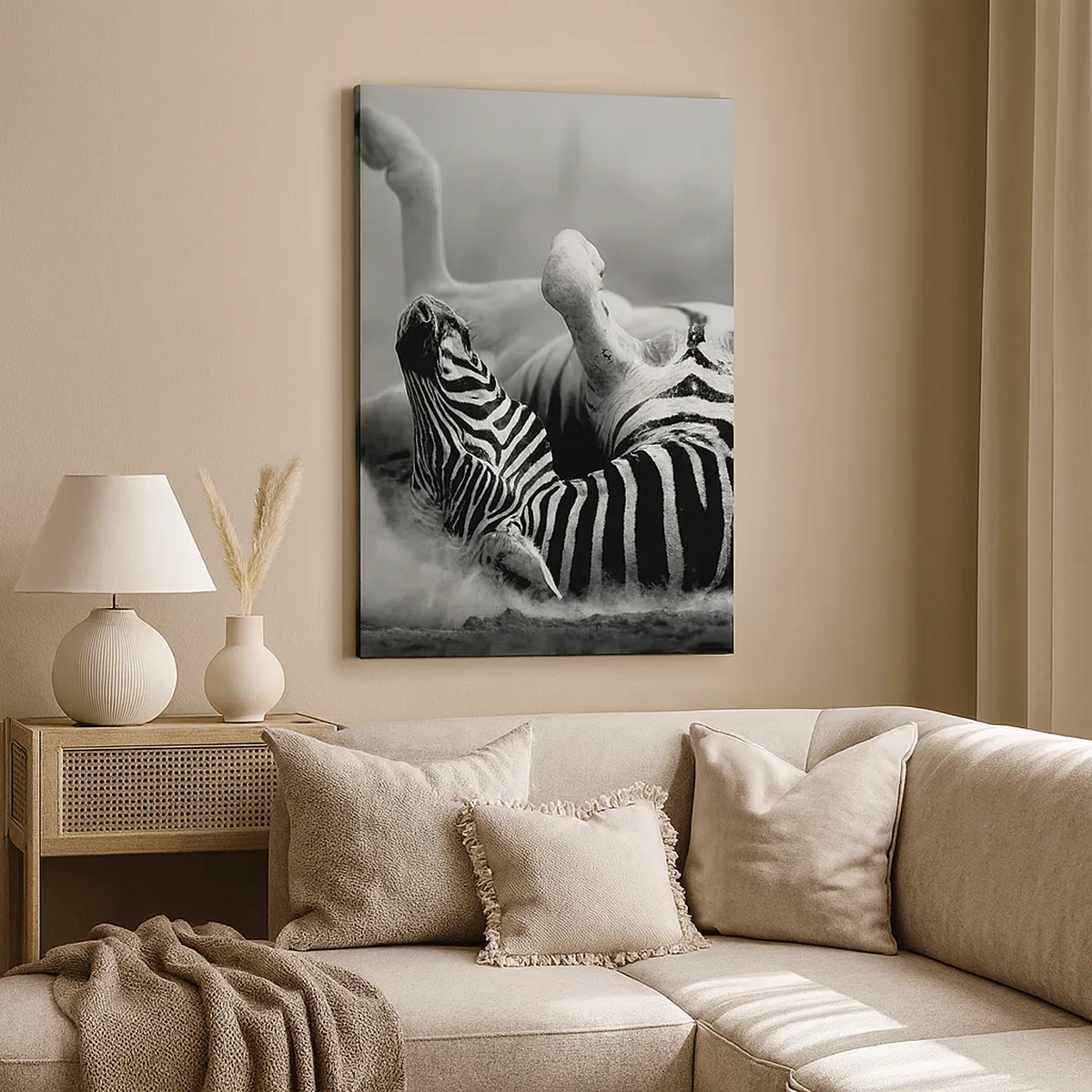 Impression sur toile - Image sur toile - Un zèbre noir et blanc se roulant dans le sable - 50x70cm - Pas uniquement le cheval en rirait - Décoration murale moderne pour le salon et la chambre ARTTOR
