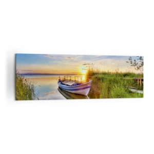 Impression sur toile - Image sur toile - Un bateau dans une baie tranquille au coucher du soleil - 160x50cm - La crique où les rêves deviennent réalité - Décoration murale moderne pour le salon et la chambre ARTTOR