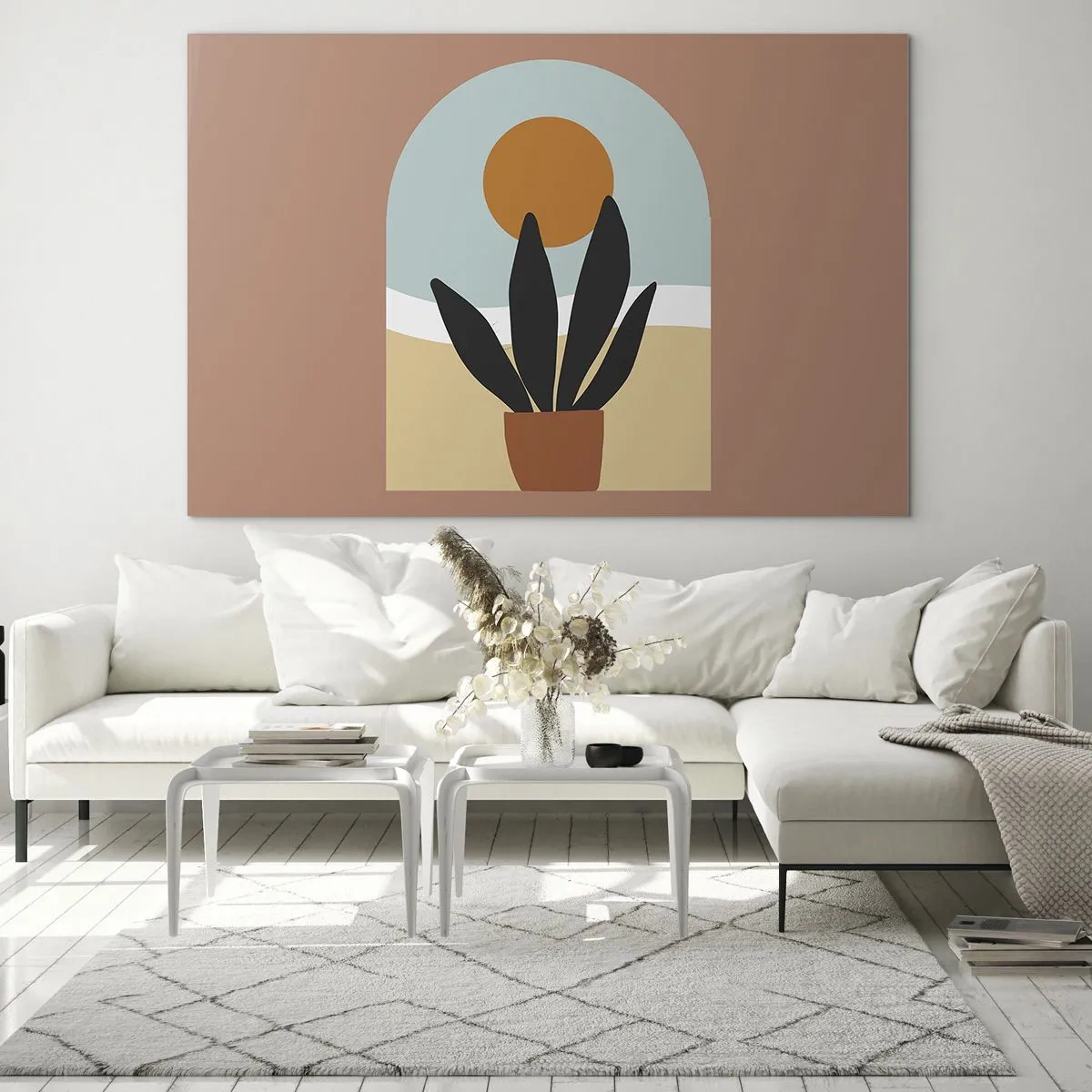Impression sur verre - Image sur verre - Une scène abstraite avec une plante en pot et le soleil en arrière-plan, dans des couleurs pastel. - 70x50cm - Petits bonheurs - Décoration murale moderne pour le salon et la chambre ARTTOR