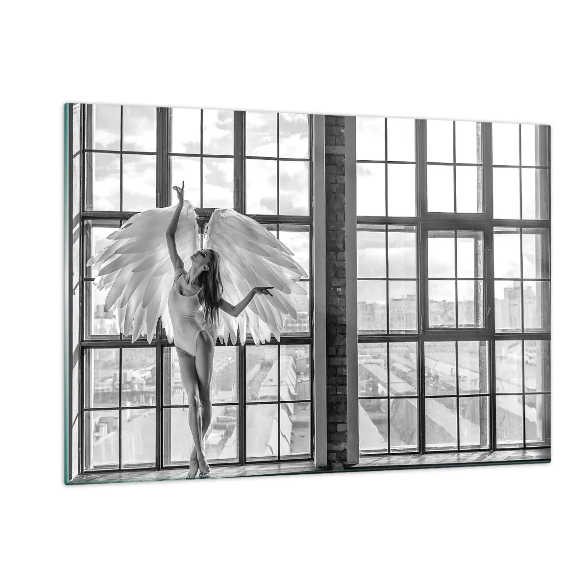 Impression sur verre - Image sur verre - Ballerine avec des ailes d'ange en noir et blanc - 120x80cm - La ville des anges? - Décoration murale moderne pour le salon et la chambre ARTTOR