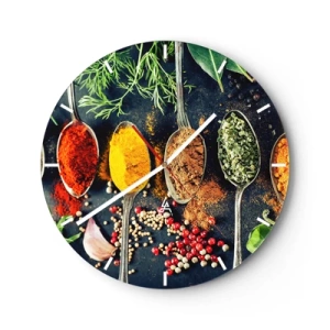 Horloge murale - Pendule murale - Épices et herbes colorées disposées sur des cuillères - 30x30cm - Magie culinaire - Décoration murale moderne pour le salon, la cuisine et la chambre ARTTOR