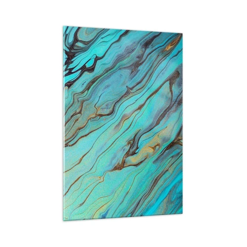 Impression sur verre - Image sur verre - Vagues abstraites dans des tons turquoise et or - 70x100cm - Marée turquoise - Décoration murale moderne pour le salon et la chambre ARTTOR