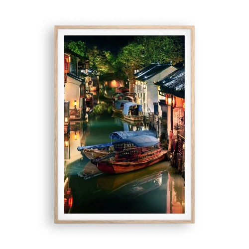 Affiche dans un chêne clair - Poster - Soirée dans une rue chinoise - 70x100 cm