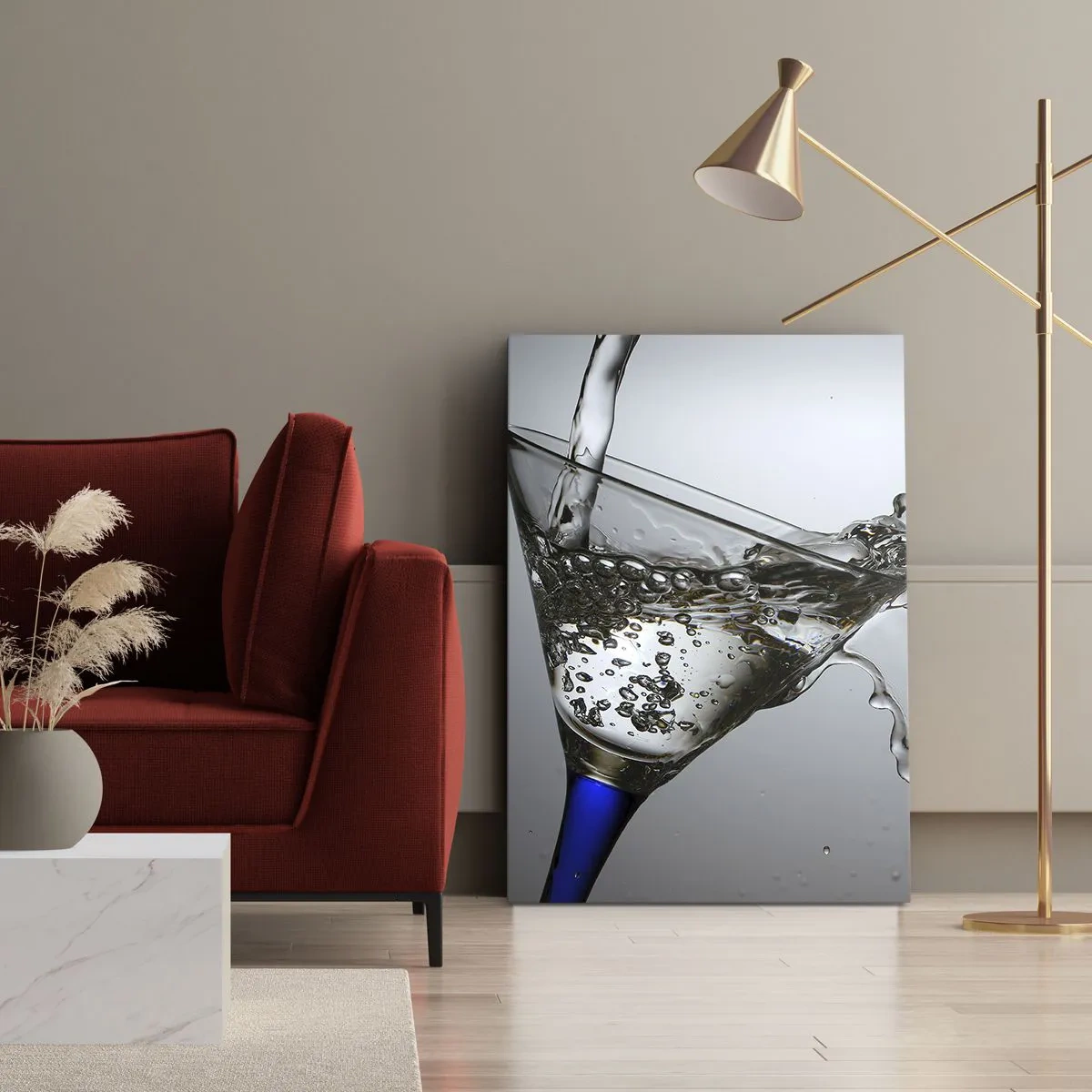 Impression sur toile - Image sur toile - Un verre d'eau en mouvement sur un fond clair - 50x70cm - Eau cristalline dans un verre cristal - Décoration murale moderne pour le salon et la chambre ARTTOR