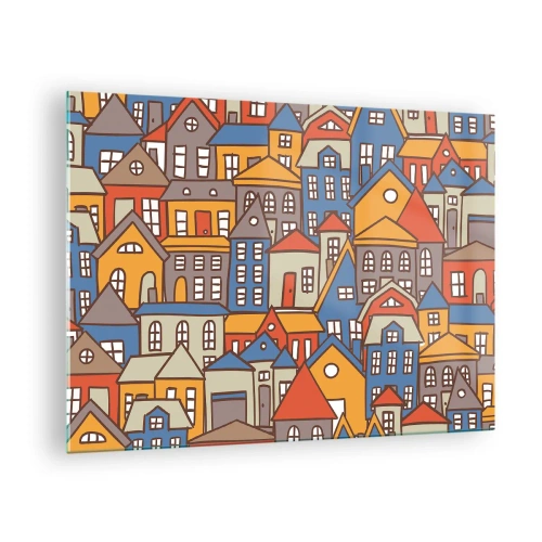 Impression sur verre - Image sur verre - Des maisons colorées dans un style graphique créent un paysage joyeux - 70x50cm - Derrière la maison, une maison - Décoration murale moderne pour le salon et la chambre ARTTOR