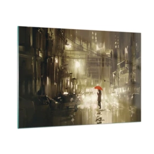 Impression sur verre - Image sur verre - Personne avec un parapluie rouge dans la lumière pluvieuse de la ville la nuit - 100x70cm - Seule mais pas solitaire - Décoration murale moderne pour le salon et la chambre ARTTOR