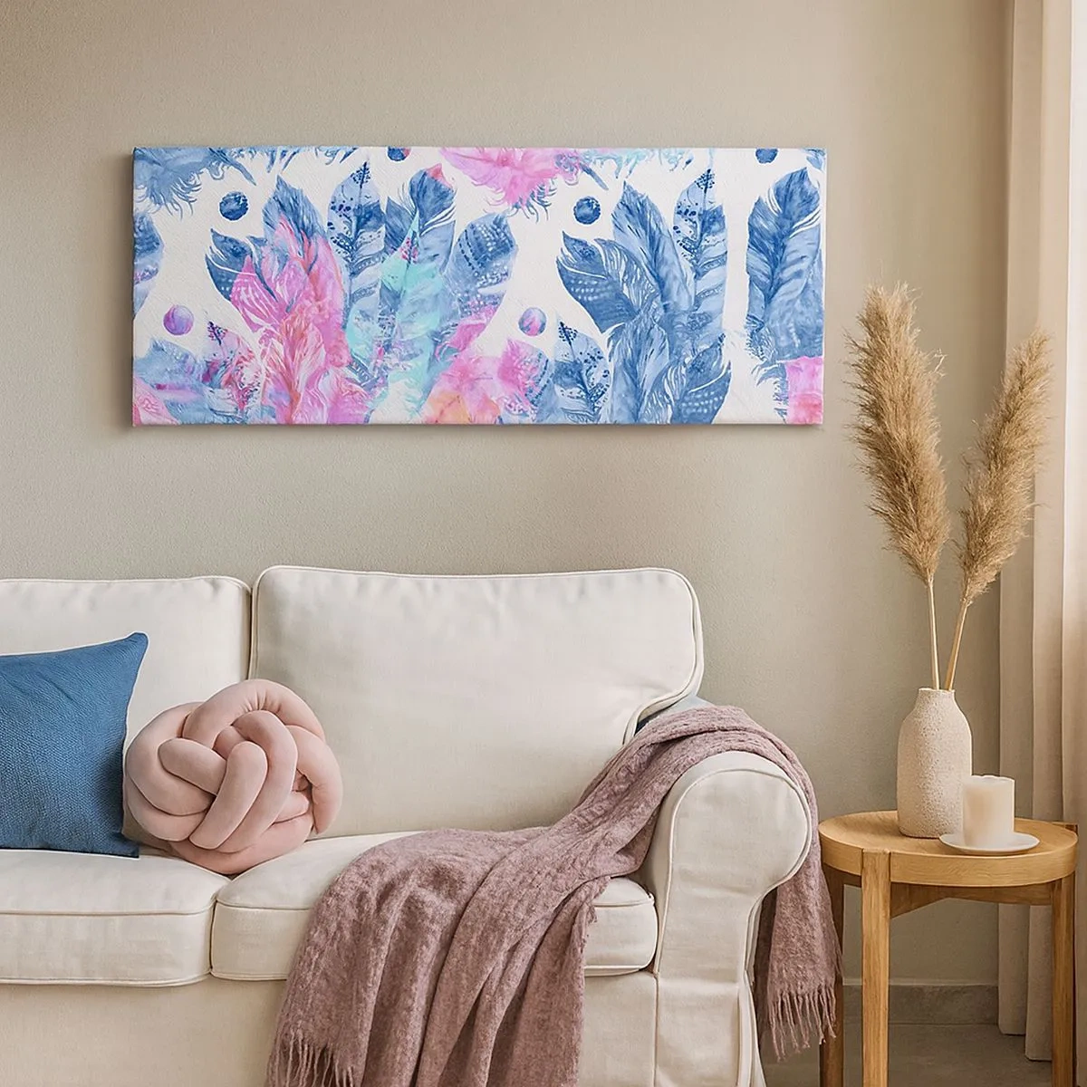 Impression sur toile - Image sur toile - Plumes en rose et bleu - 100x40 cm