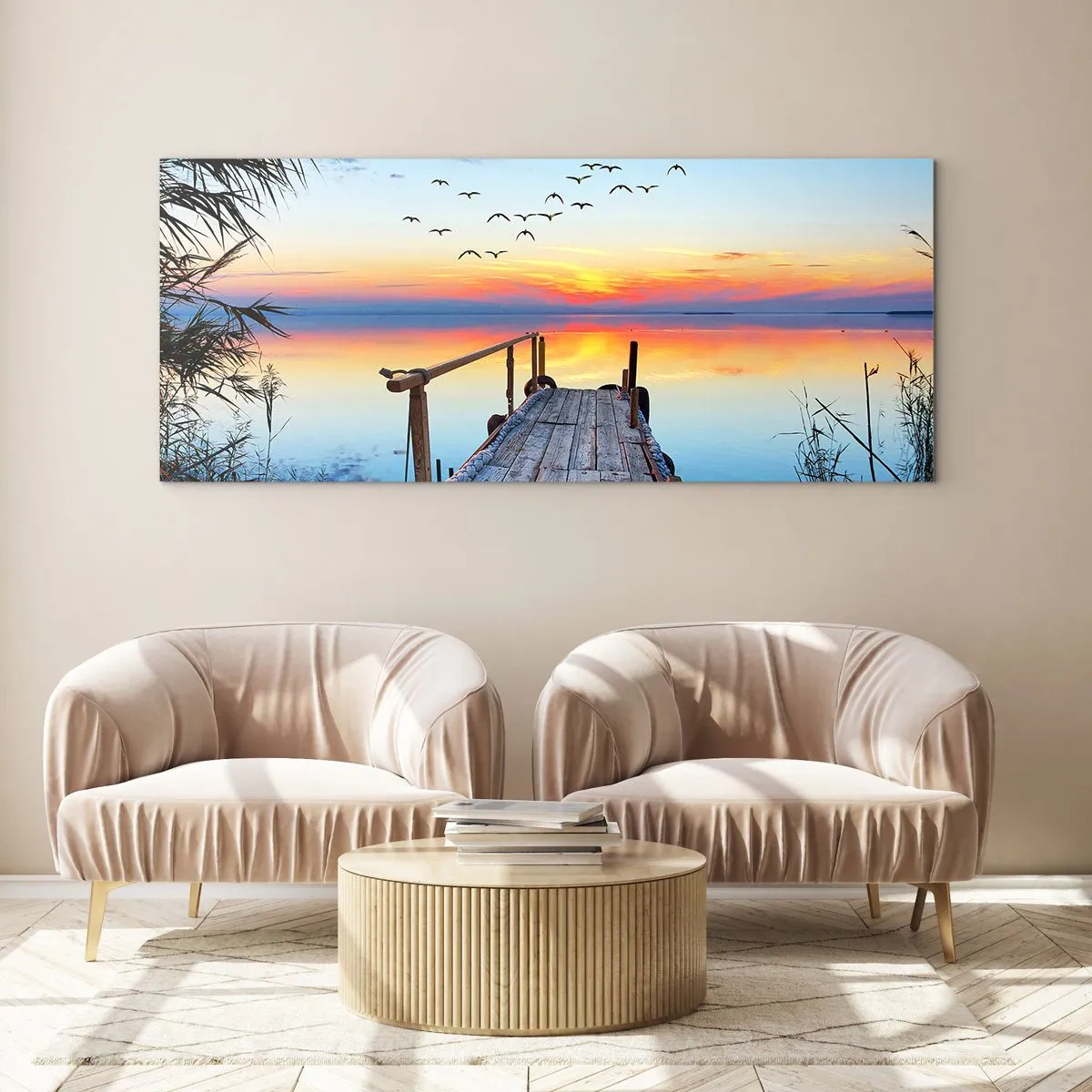 Impression sur verre - Image sur verre - Jetée en bois sur le lac au coucher du soleil - 160x50cm - Il est temps de rentrer... - Décoration murale moderne pour le salon et la chambre ARTTOR