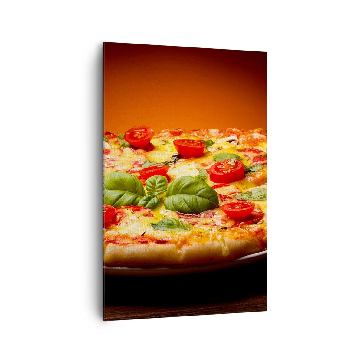 Impression sur toile - Image sur toile - Pizza aux tomates et au basilic sur une table en bois - 80x120cm - Mamma mia! - Décoration murale moderne pour le salon et la chambre ARTTOR
