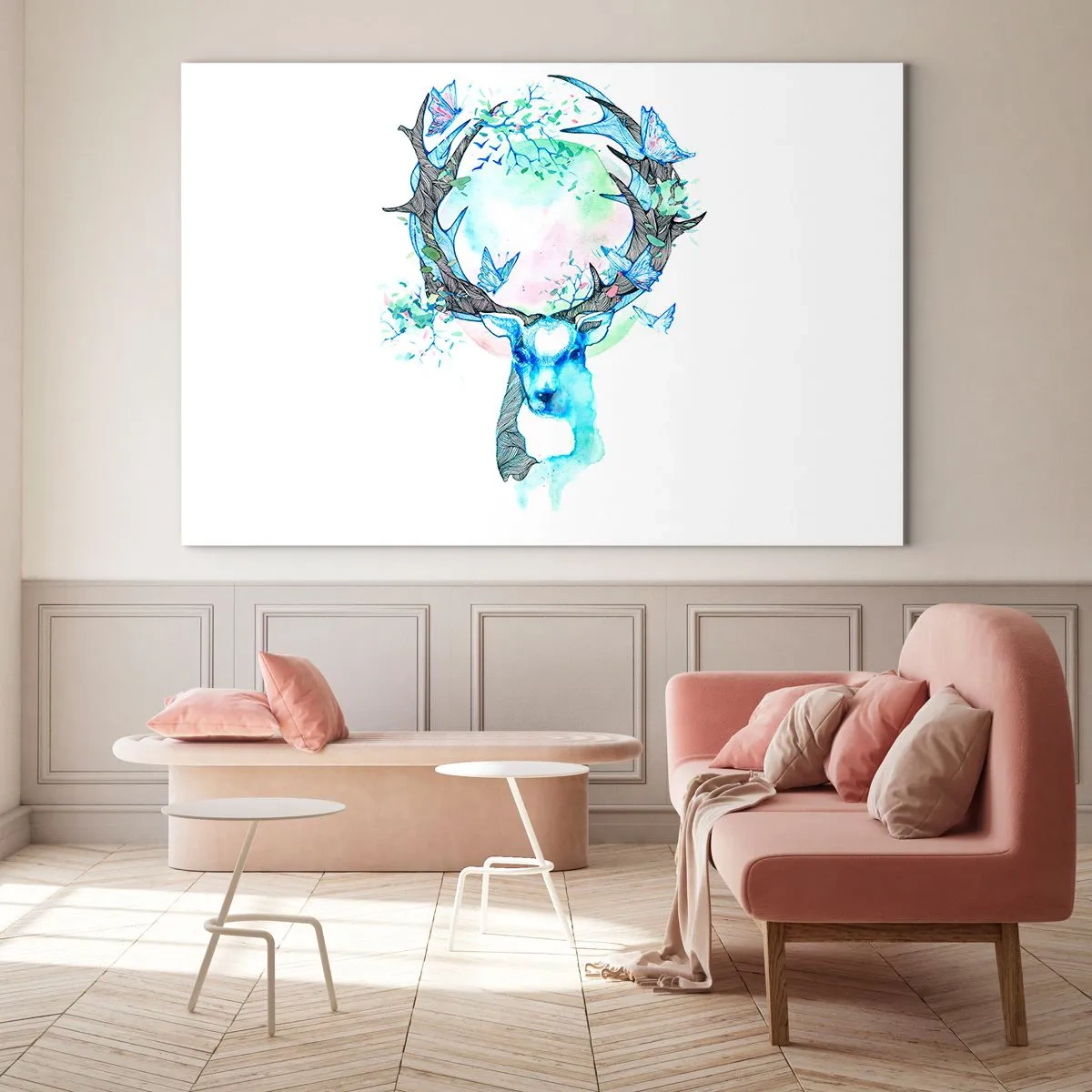 Impression sur verre - Image sur verre - Illustration d'un cerf avec des papillons sur ses bois - 120x80cm - La force et la délicatesse de la nature - Décoration murale moderne pour le salon et la chambre ARTTOR