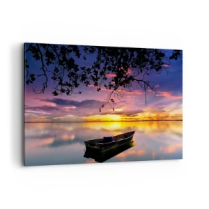 Impression sur toile - Image sur toile - Un bateau sur une eau calme au coucher du soleil - 100x70cm - "Tu sembles suspendu au milieu du ciel..." - Décoration murale moderne pour le salon et la chambre ARTTOR