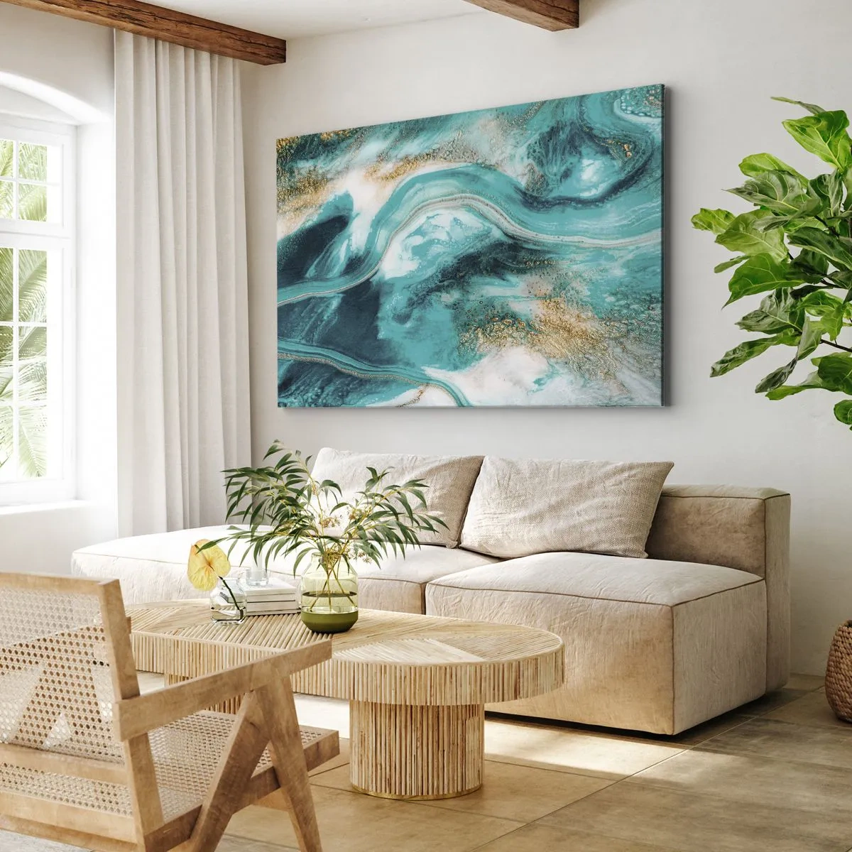 Impression sur toile - Image sur toile - Abstraction turquoise avec des accents blancs et dorés - 70x50cm - Rivière d'or - Décoration murale moderne pour le salon et la chambre ARTTOR