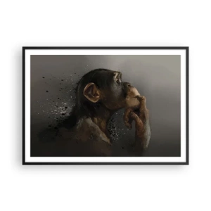 Affiche dans un cadre noir - Poster - Portrait d'un singe dans une pose réfléchissante sur fond gris - 100x70cm - Certainement un penseur - Décoration murale moderne pour le salon et la chambre ARTTOR