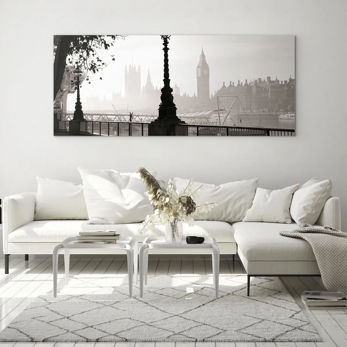 Impression sur verre - Image sur verre - Une vue monochrome de Big Ben et de la Tamise. - 140x50cm - Un matin londonien - Décoration murale moderne pour le salon et la chambre ARTTOR