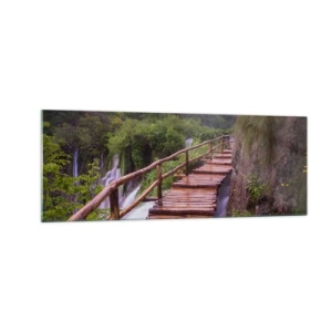 Impression sur verre - Image sur verre - Un pont surplombant les cascades au coucher du soleil - 140x50cm - La beauté au-delà de la croyance - Décoration murale moderne pour le salon et la chambre ARTTOR