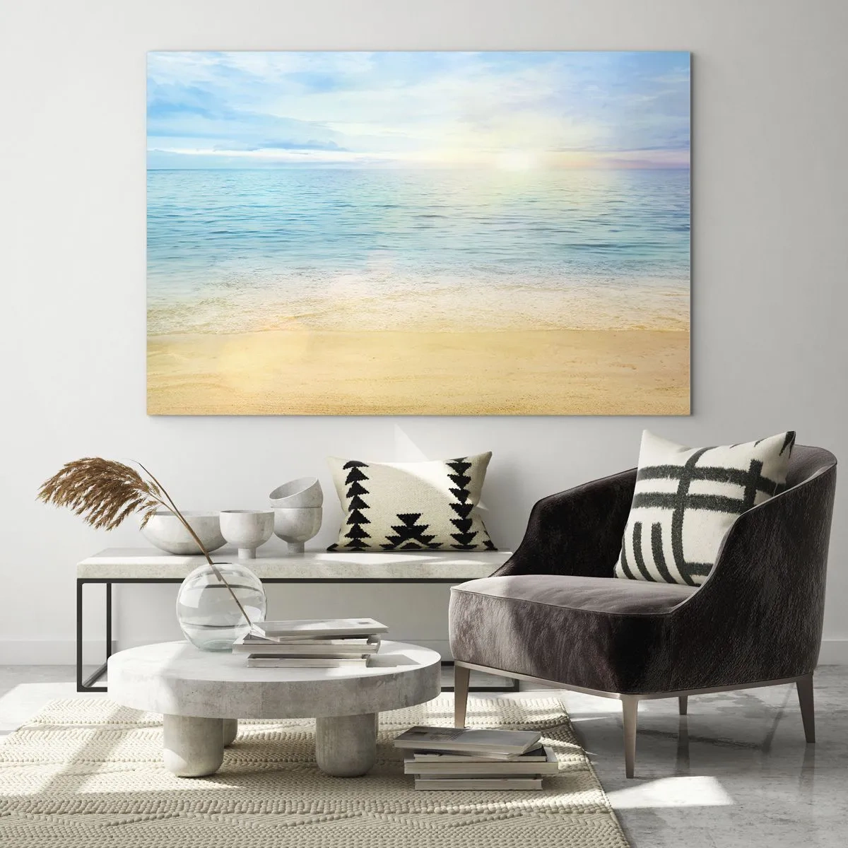 Impression sur verre - Image sur verre - Une plage ensoleillée avec une mer et un ciel azur - 120x80cm - Le grand bleu - Décoration murale moderne pour le salon et la chambre ARTTOR
