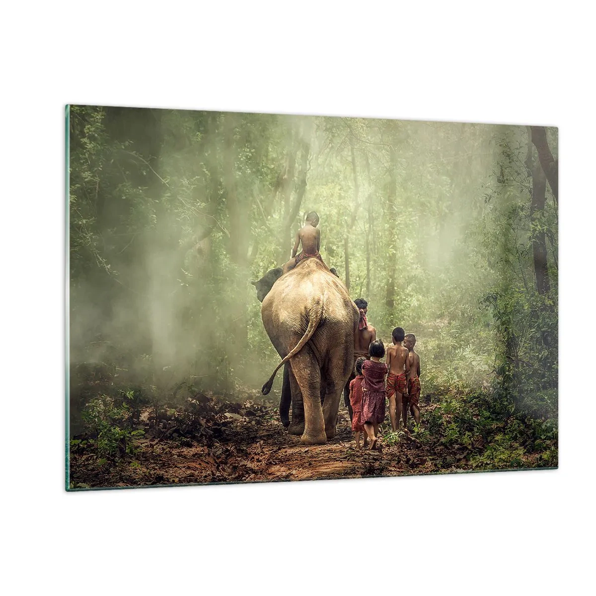 Impression sur verre - Image sur verre - Un éléphant dans la forêt avec des enfants en costumes traditionnels - 120x80cm - Nouveau livre de la jungle - Décoration murale moderne pour le salon et la chambre ARTTOR
