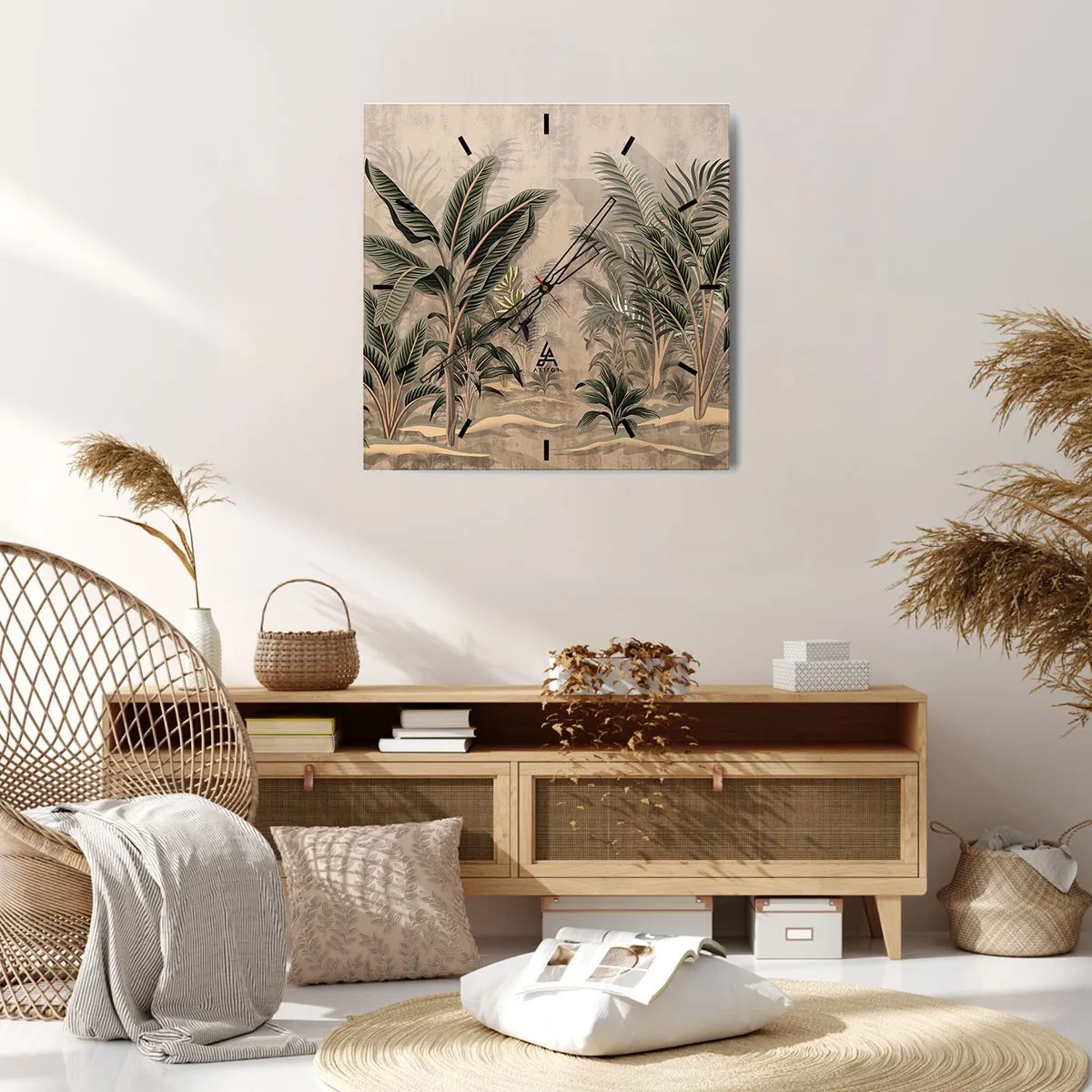 Horloge murale - Pendule murale - Palmiers et végétation tropicale dans des tons verts sur fond beige - 30x30cm - Une gravure de style colonial - Décoration murale moderne pour le salon et la chambre ARTTOR