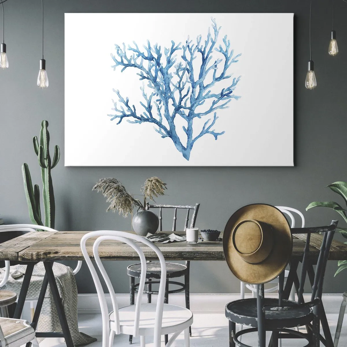 Impression sur toile - Image sur toile - Corail bleu sur fond blanc avec une touche minimaliste - 70x50cm - Filigrane nautique - Décoration murale moderne pour le salon et la chambre ARTTOR