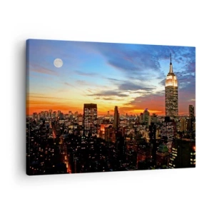 Impression sur toile - Image sur toile - Panorama de la ville avec des gratte-ciel illuminés au crépuscule - 70x50cm - Nuit américaine lumineuse - Décoration murale moderne pour le salon et la chambre ARTTOR