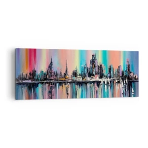 Impression sur toile - Image sur toile - Paysage urbain coloré avec reflet sur l'eau - 140x50cm - Noyé par la lumière de la nuit - Décoration murale moderne pour le salon et la chambre ARTTOR