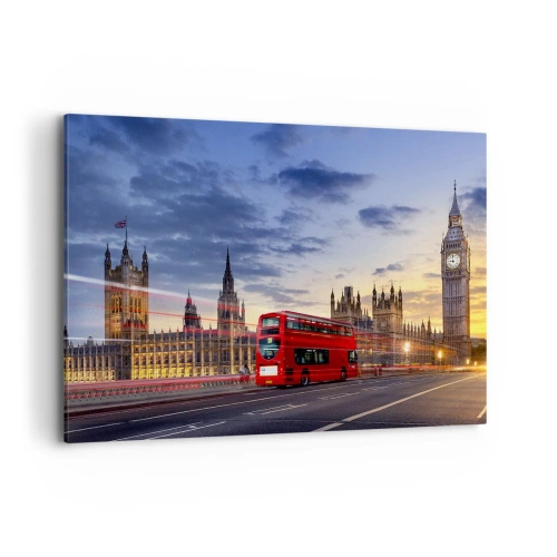 Impression sur toile - Image sur toile - Un bus rouge avec Big Ben et les Chambres du Parlement en arrière-plan au crépuscule. - 120x80cm - Caractères spéciaux - Décoration murale moderne pour le salon et la chambre ARTTOR