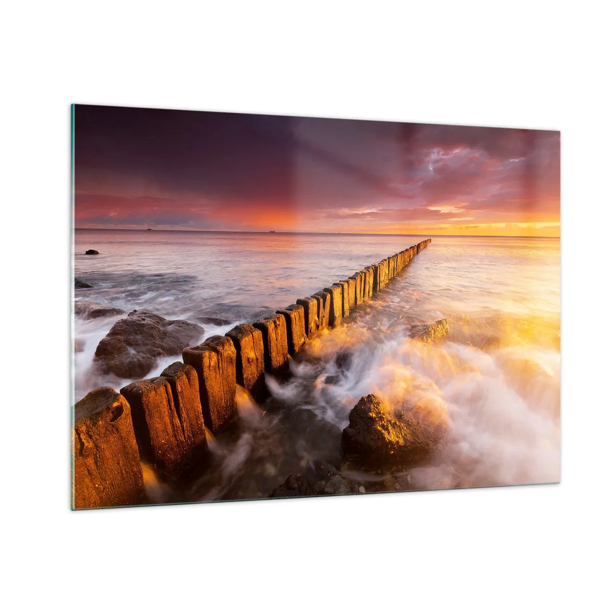 Impression sur verre - Image sur verre - Coucher de soleil sur la mer avec un brise-lames en bois - 100x70cm - La douceur des vagues - Décoration murale moderne pour le salon et la chambre ARTTOR