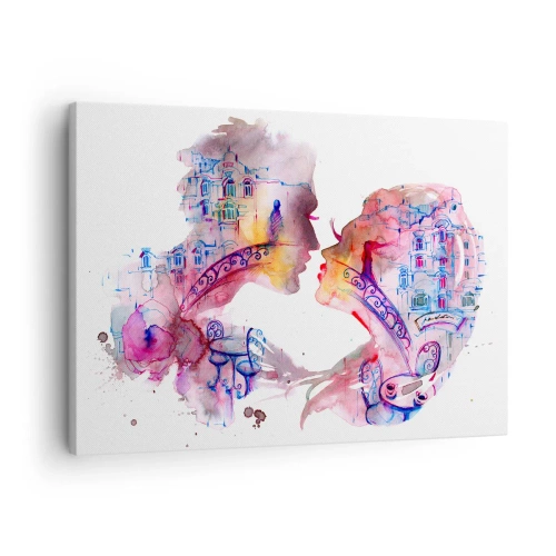 Impression sur toile - Image sur toile - Une aquarelle romantique représentant les silhouettes des amoureux - 70x50cm - Le pont secret des soupirs - Décoration murale moderne pour le salon et la chambre ARTTOR