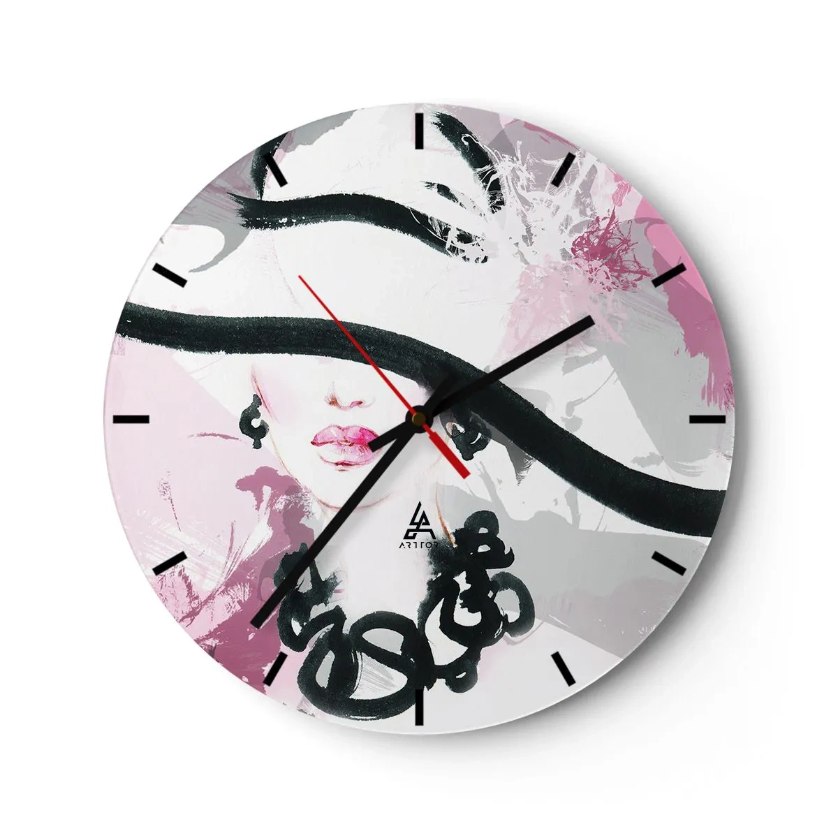 Horloge murale - Pendule murale - Portrait d'une dame en noir et rose - 40x40 cm