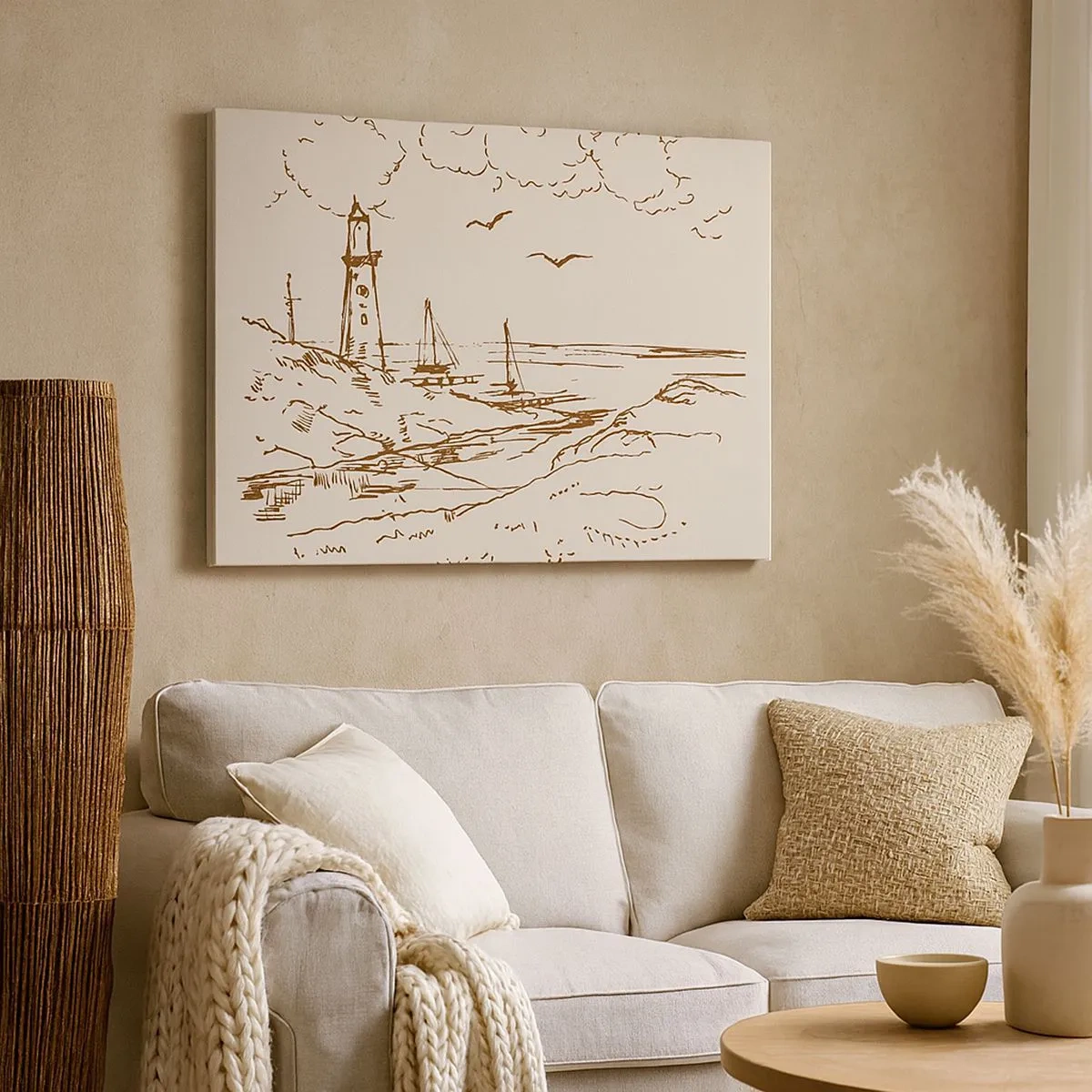 Impression sur toile - Image sur toile - Croquis d'un phare surplombant la mer - 70x50cm - Esquisse de souvenirs d'été - Décoration murale moderne pour le salon et la chambre ARTTOR