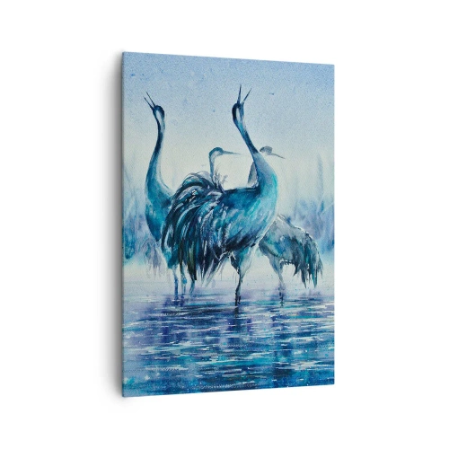 Impression sur toile - Image sur toile - Grues sur fond de brouillard et d'eau dans des tons bleus - 70x100cm - Réunion matinale - Décoration murale moderne pour le salon et la chambre ARTTOR
