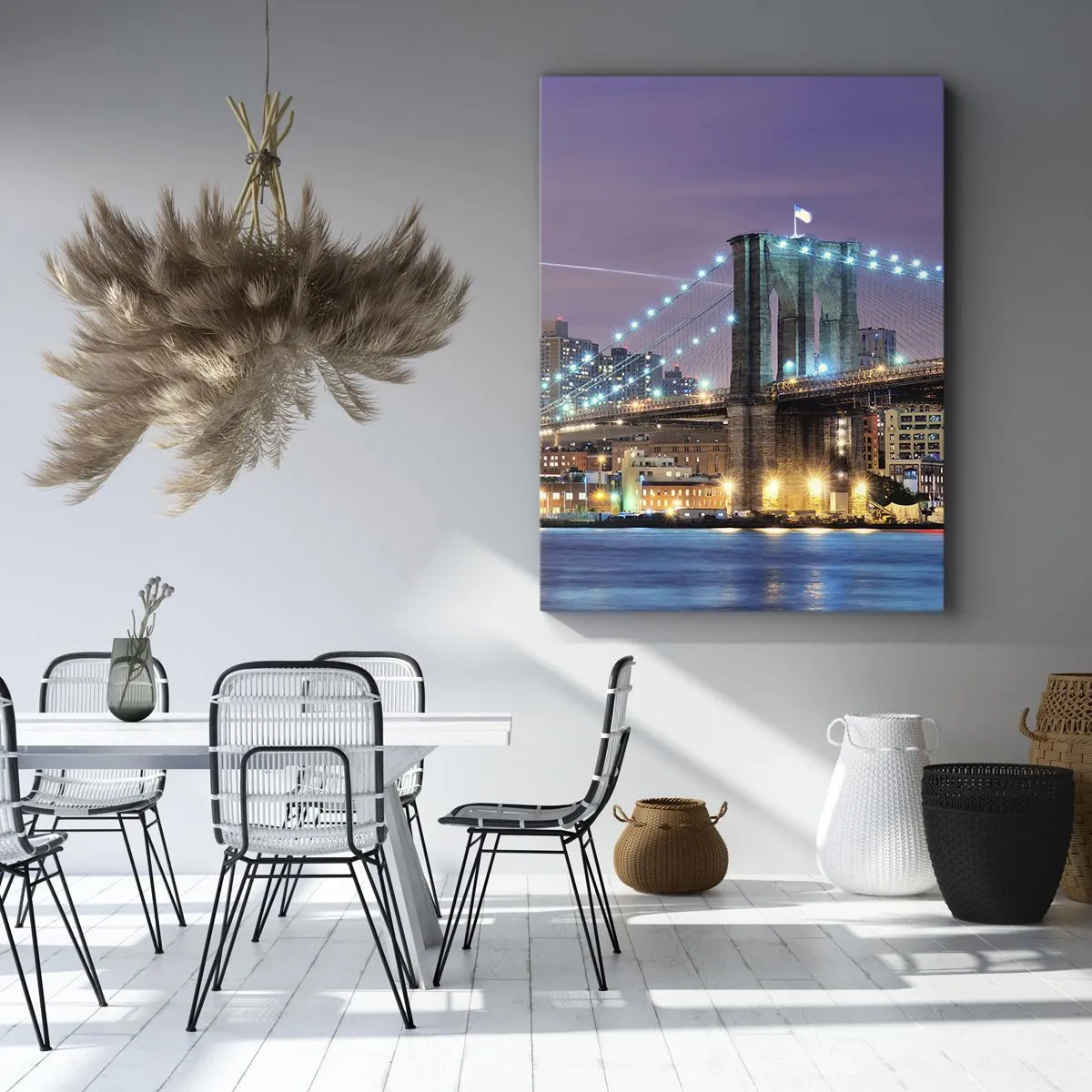 Impression sur toile - Image sur toile - Le pont de Brooklyn la nuit avec la ville illuminée en arrière-plan - 70x100cm - Depuis de nombreuses années le pont de Brooklyn - Décoration murale moderne pour le salon et la chambre ARTTOR