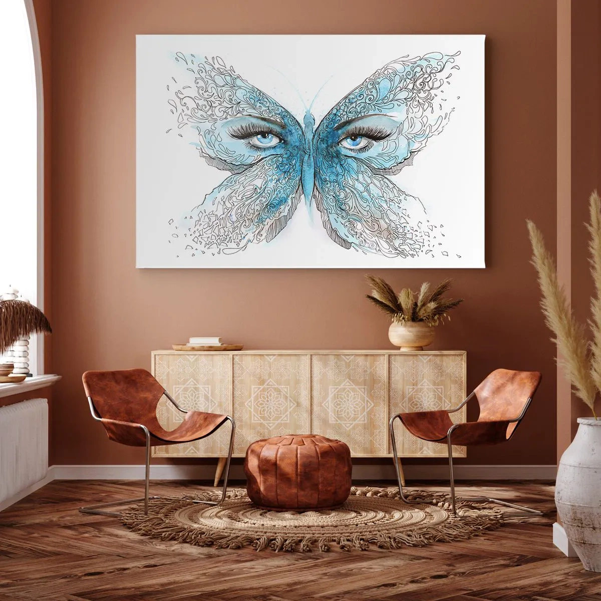 Impression sur toile - Image sur toile - Aquarelle artistique d'un papillon aux yeux bleus - 120x80cm - Mésange bleue Eros - Décoration murale moderne pour le salon et la chambre ARTTOR