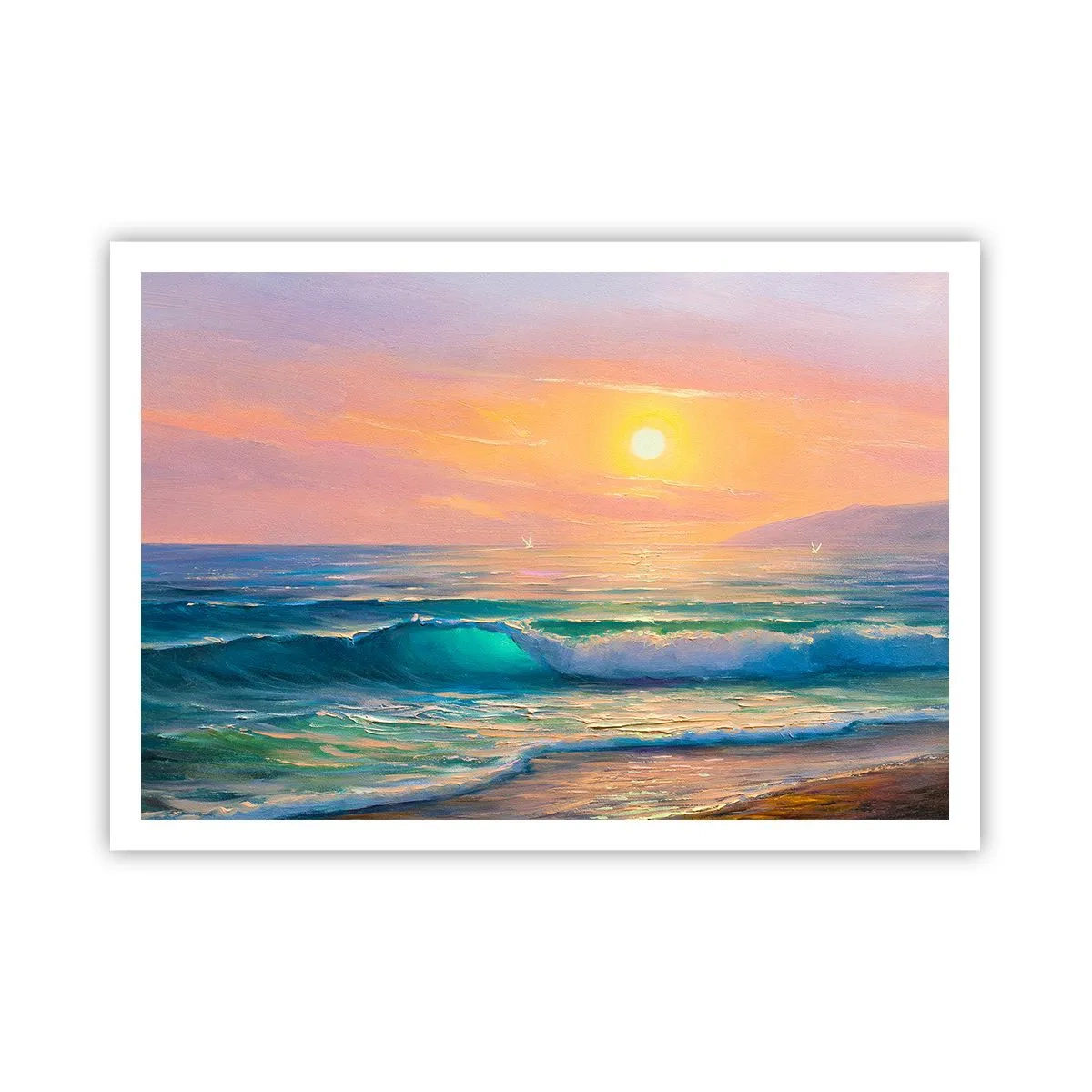 Affiche - Poster - Paysage marin avec coucher de soleil - 100x70cm - Le chant turquoise des vagues - Décoration murale moderne pour le salon et la chambre ARTTOR