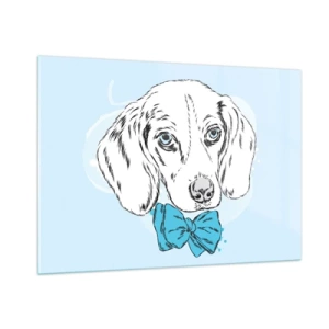 Impression sur verre - Image sur verre - Dessin d'un chien avec un nœud papillon sur fond bleu - 100x70cm - L'élégance du chien - Décoration murale moderne pour le salon et la chambre ARTTOR